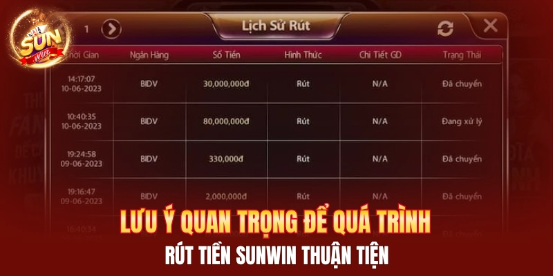 Lưu ý quan trọng để quá trình rút tiền Sunwin thuận tiện